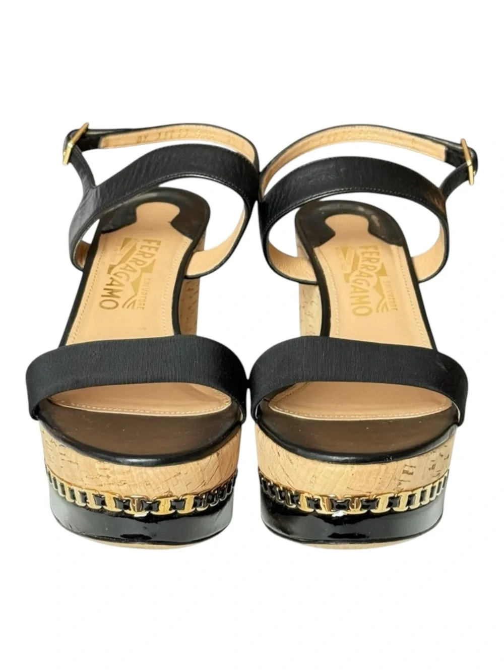 Salvatore Ferragamo ꔘ Mollie Chain Platform Wedge Sandals ꔘ Black Leather ꔘ 9.5B